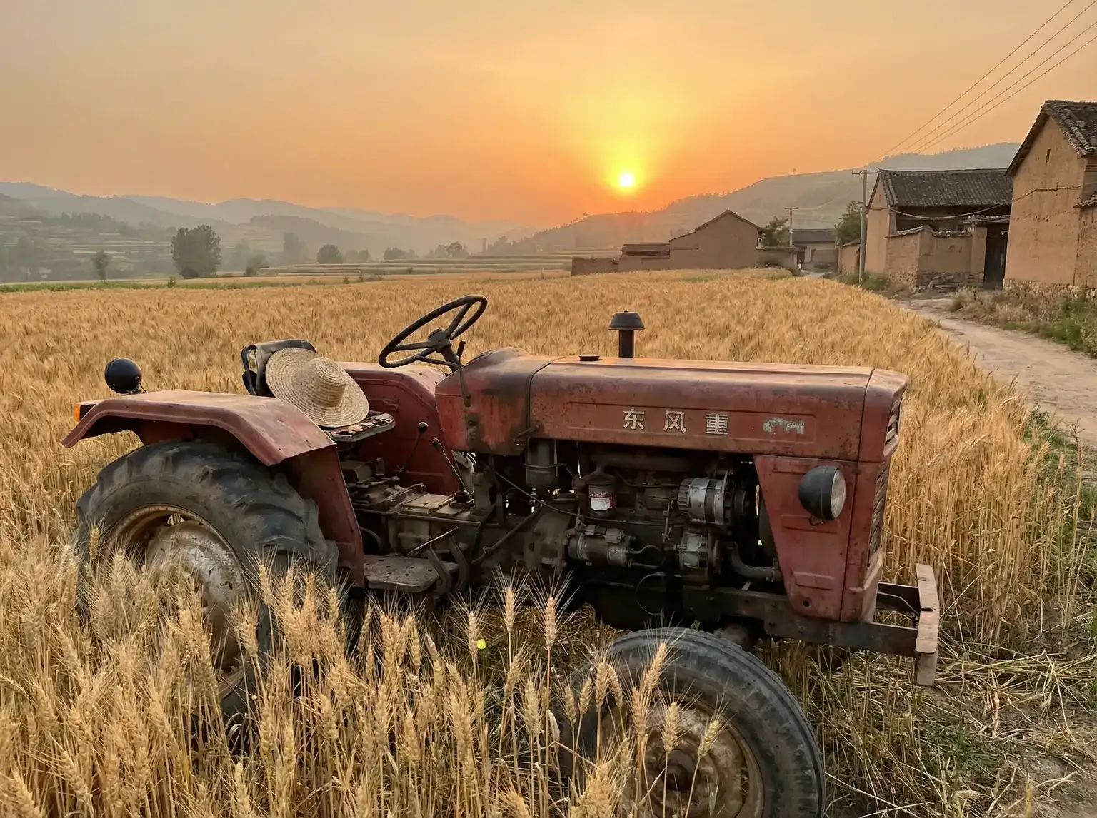 夕阳下的老式拖拉机停在麦田边 - 363影视 田间记忆